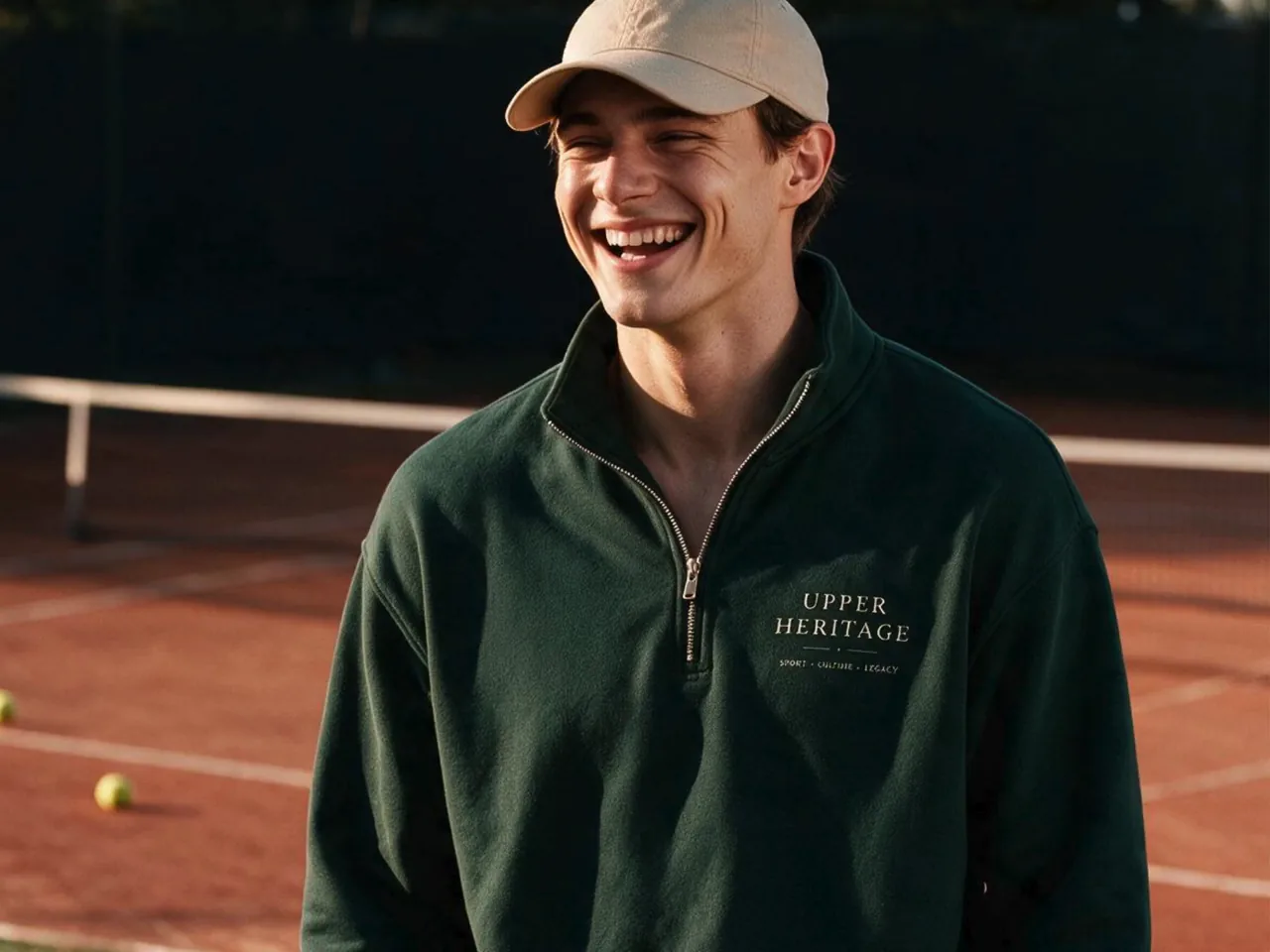 A smiling model on a clay court in Upper Heritage apparel